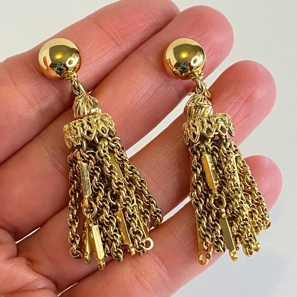 Monet Jewelry - Monet Damita Gold Tone Tassel Clip On Earrings Vintage Filigree Drop 2 Inch